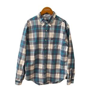 American Eagle‎ Men’s Classic Fit Plaid L Blue Teal White Long Sleeve Button-Up